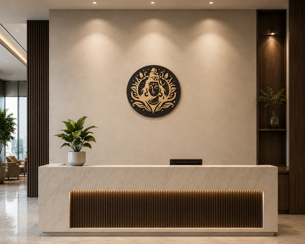 Shiva Serenity Plaque displayed as handcrafted wooden wall décor in a modern office reception area.