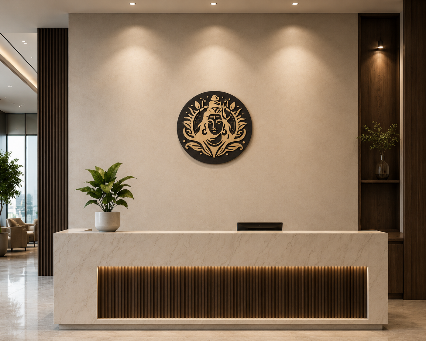 Shiva Serenity Plaque displayed as handcrafted wooden wall décor in a modern office reception area.