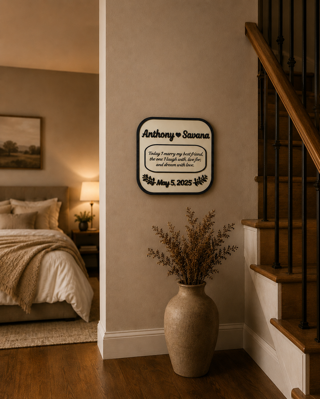 Personalized Wedding Vows Plaque displayed on a bedroom wall near a staircase, featuring custom couple names, engraved wedding vows, and handcrafted layered wooden design.