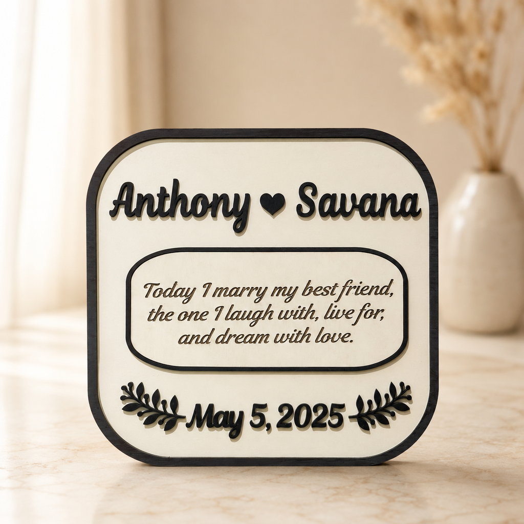 Personalized Wedding Vows Plaque with custom couple names, engraved wedding vows, wedding date, and handcrafted layered wooden design.