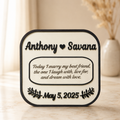Personalized Wedding Vows Plaque with custom couple names, engraved wedding vows, wedding date, and handcrafted layered wooden design.