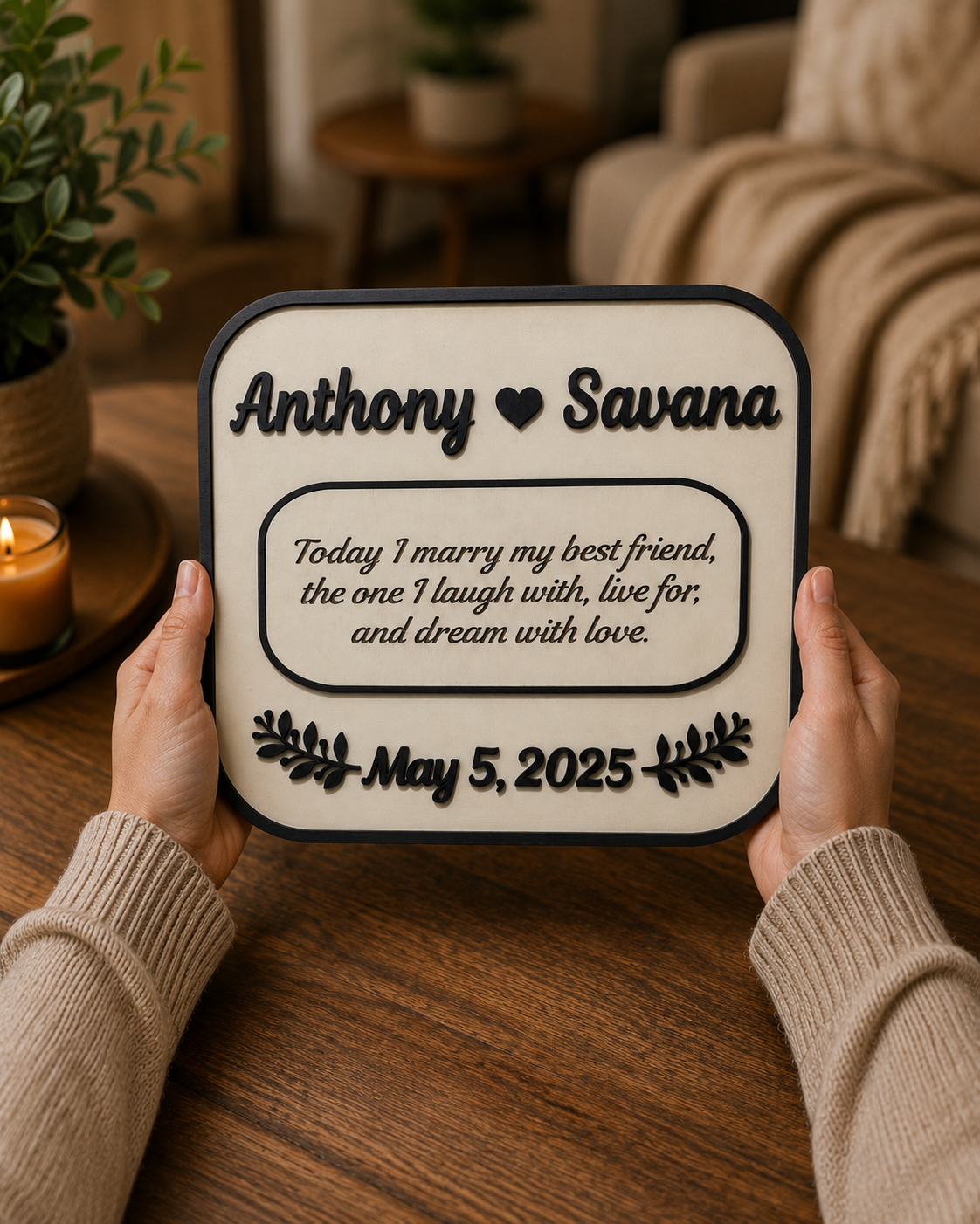 Person holding a personalized Wedding Vows Plaque with custom couple names, engraved wedding vows, wedding date, and handcrafted layered wooden design.