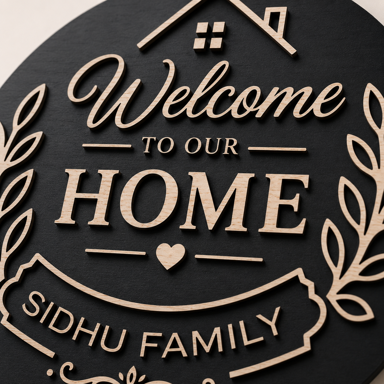 Close-up of the handcrafted Welcome Home Family Plaque showcasing layered premium wood lettering, personalized family name, and precision laser-cut craftsmanship.