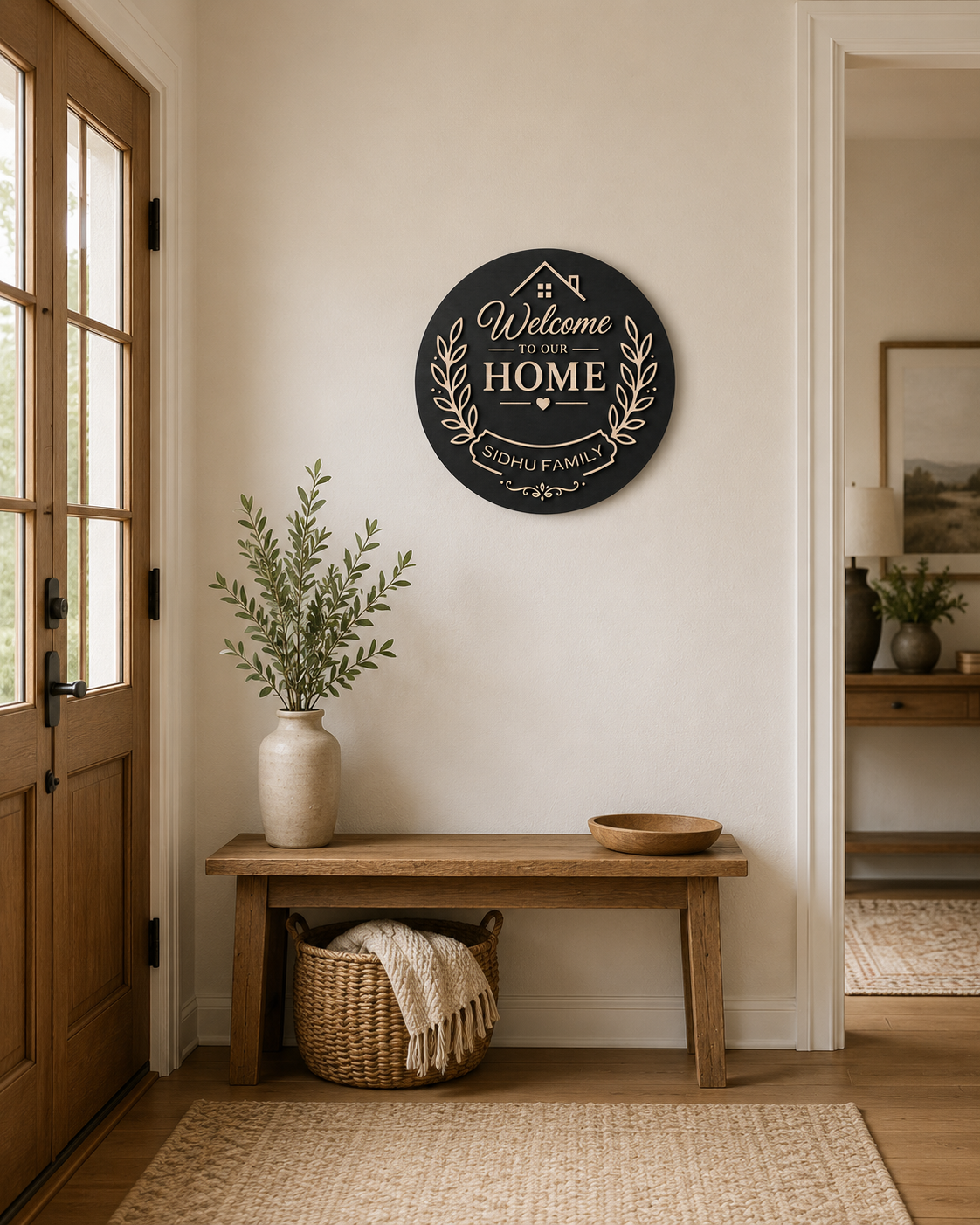 Welcome Home Family Plaque displayed as personalized entryway wall décor in a modern home, handcrafted from layered premium wood.