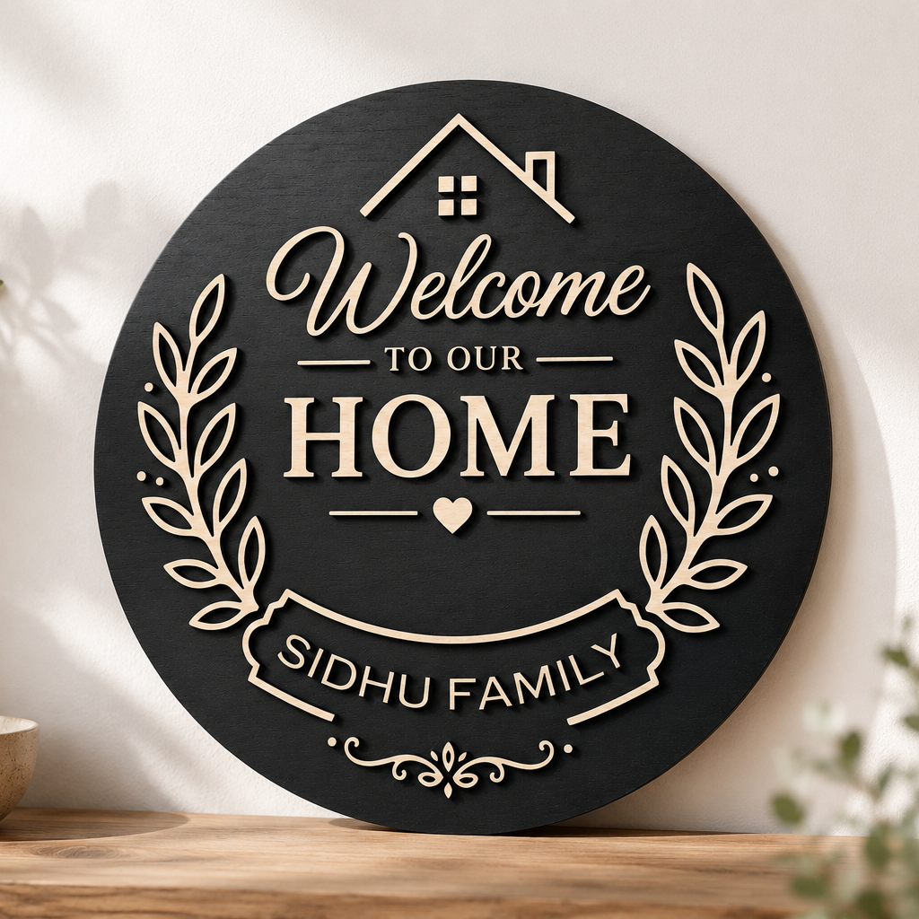 Welcome Home Family Plaque handcrafted from layered premium wood featuring a personalized family name for elegant home décor.