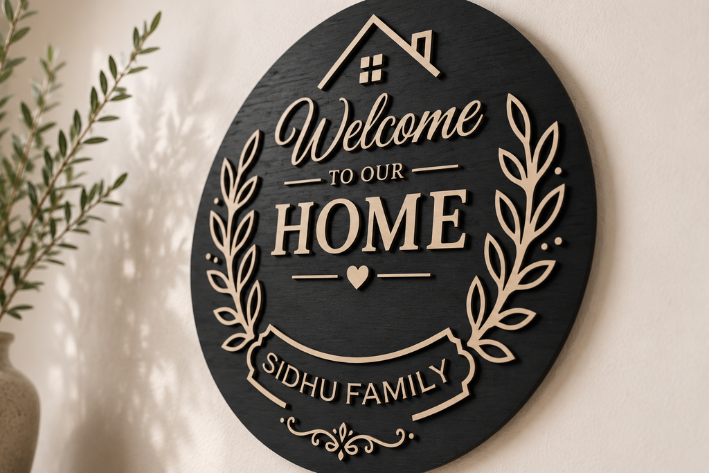 Side-angle view of the handcrafted Welcome Home Family Plaque featuring a personalized family name and layered premium wood craftsmanship.