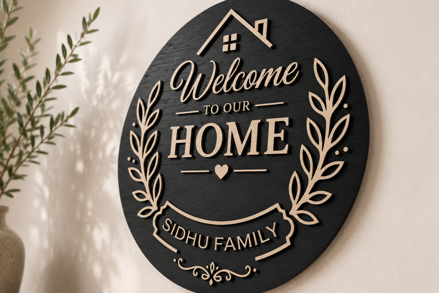 Side-angle view of the handcrafted Welcome Home Family Plaque featuring a personalized family name and layered premium wood craftsmanship.